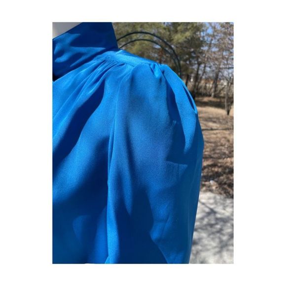 Vintage | 70s Electric Blue Blouse Statement Balloon Sleeve Secretary Office - Picture 4 of 12
